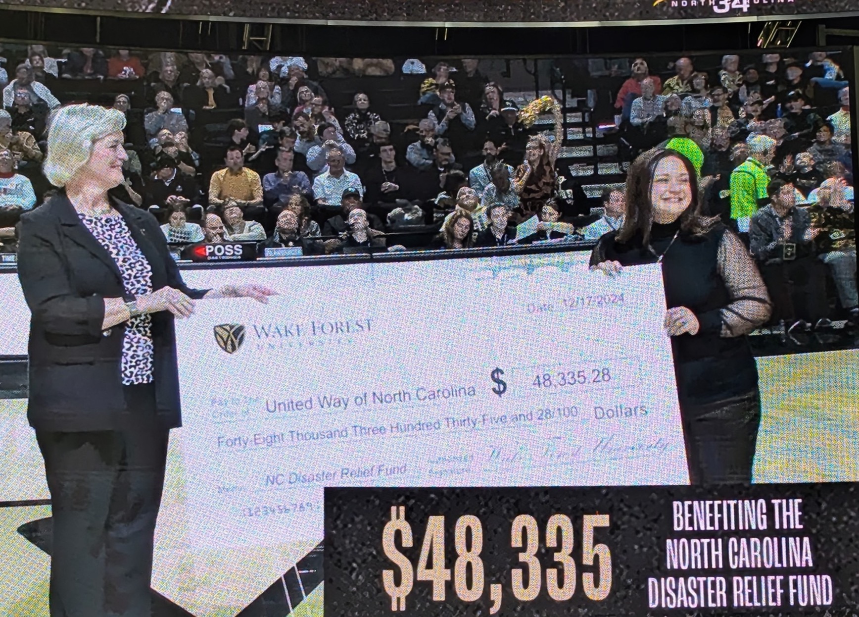 NC Disaster Relief Donation Check from Wake Forest University Athletics Department